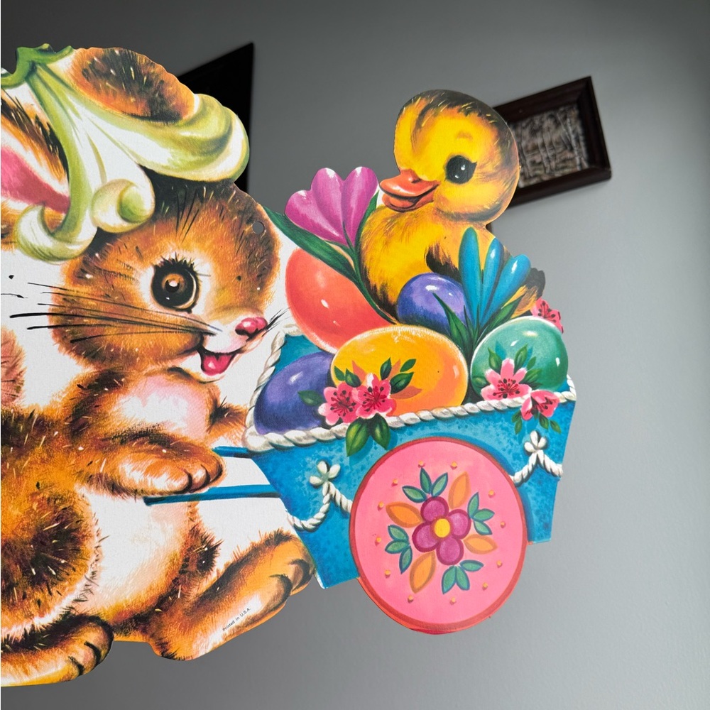 Vintage Easter Bunny Chick Egg Basket Die Cut USA Made Holiday Wall Ephemera - Picture 7 of 15